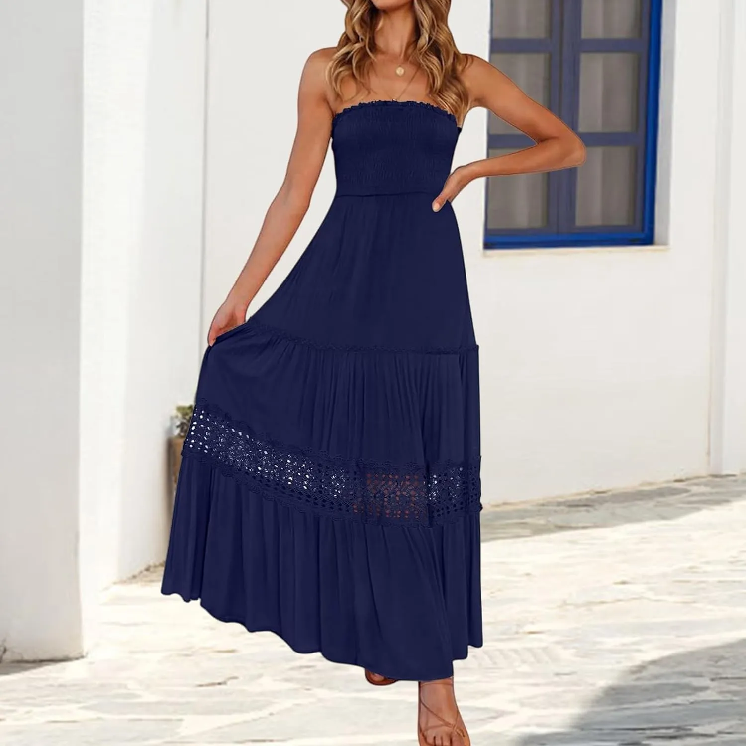 Canbebig Maxi Dresses for Women Bohemian Strapless Off Shoulder Dresses Backless Long Dress Flowy A Line Beach Sundress