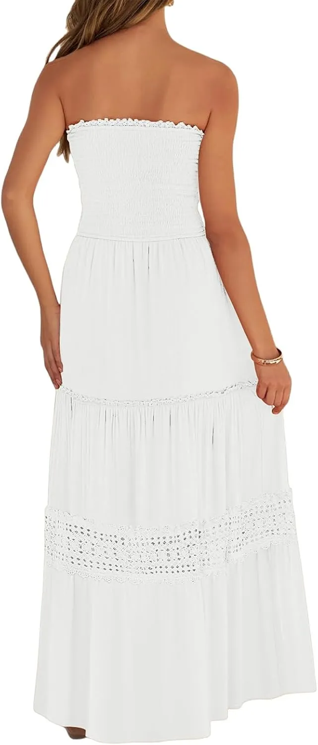 Canbebig Maxi Dresses for Women Bohemian Strapless Off Shoulder Dresses Backless Long Dress Flowy A Line Beach Sundress