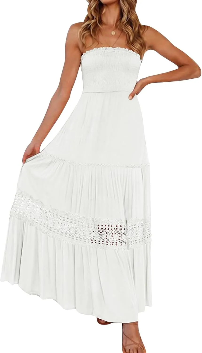 Canbebig Maxi Dresses for Women Bohemian Strapless Off Shoulder Dresses Backless Long Dress Flowy A Line Beach Sundress