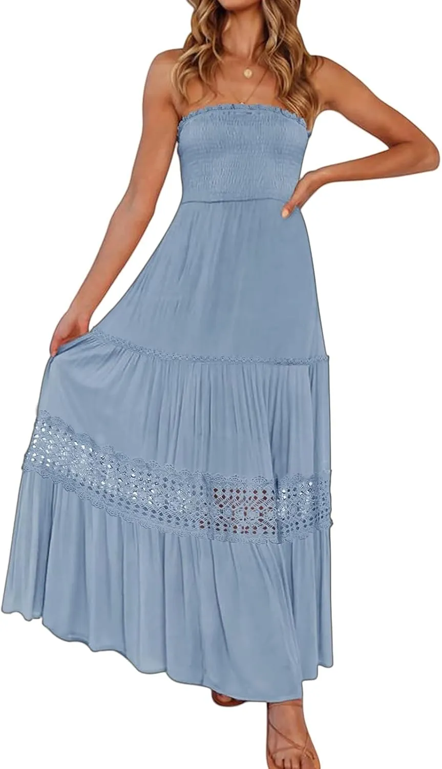 Canbebig Maxi Dresses for Women Bohemian Strapless Off Shoulder Dresses Backless Long Dress Flowy A Line Beach Sundress