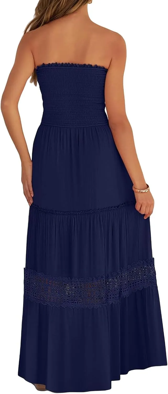 Canbebig Maxi Dresses for Women Bohemian Strapless Off Shoulder Dresses Backless Long Dress Flowy A Line Beach Sundress