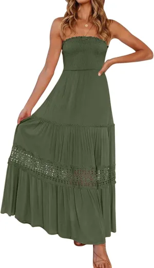 Canbebig Maxi Dresses for Women Bohemian Strapless Off Shoulder Dresses Backless Long Dress Flowy A Line Beach Sundress