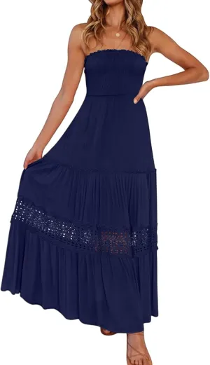 Canbebig Maxi Dresses for Women Bohemian Strapless Off Shoulder Dresses Backless Long Dress Flowy A Line Beach Sundress