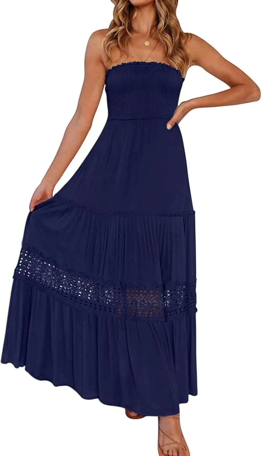 Canbebig Maxi Dresses for Women Bohemian Strapless Off Shoulder Dresses Backless Long Dress Flowy A Line Beach Sundress