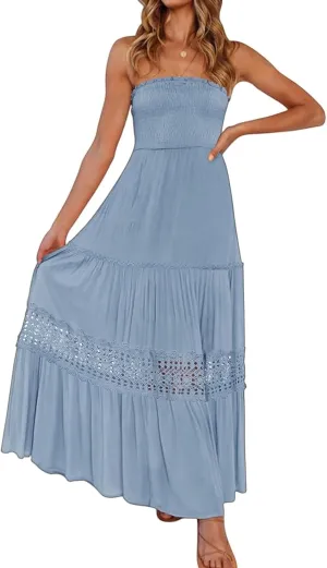 Canbebig Maxi Dresses for Women Bohemian Strapless Off Shoulder Dresses Backless Long Dress Flowy A Line Beach Sundress