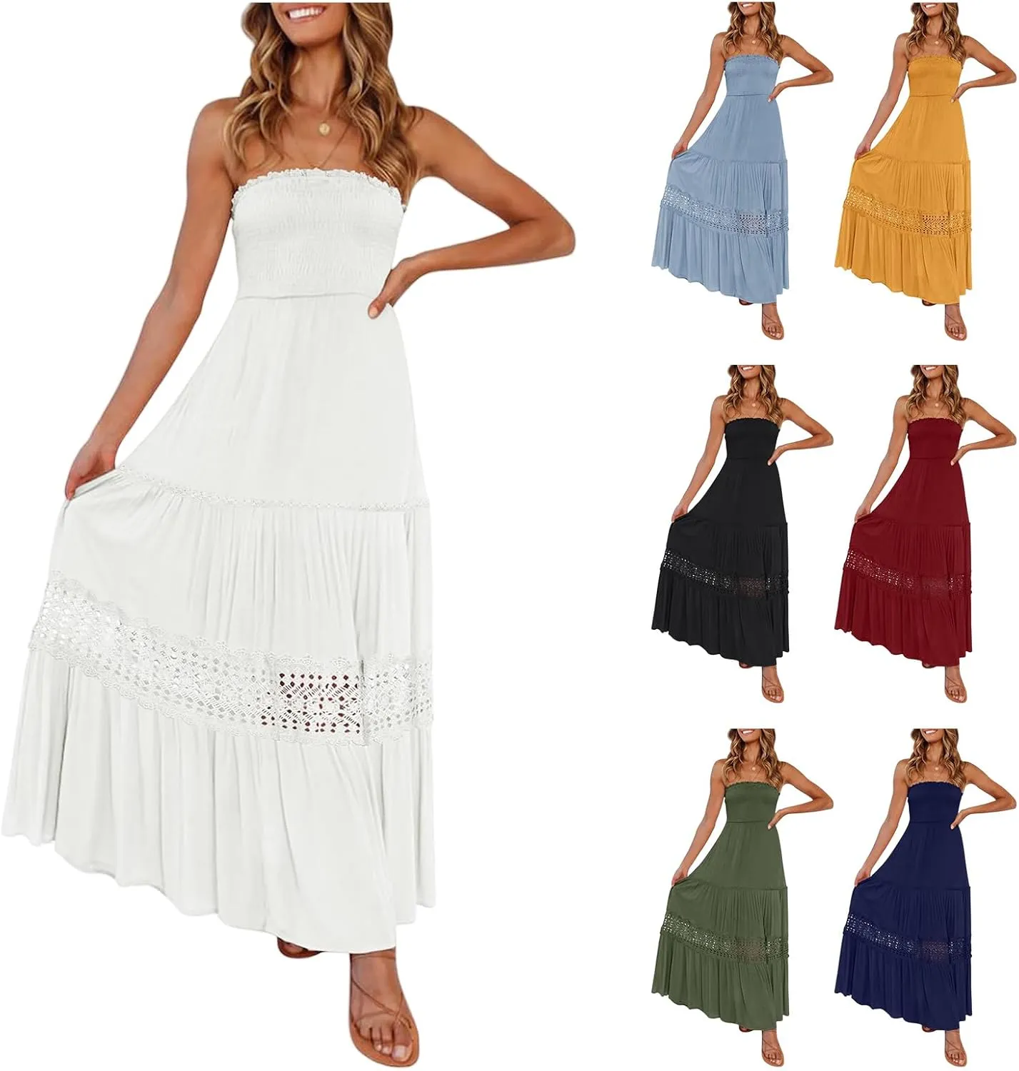 Canbebig Maxi Dresses for Women Bohemian Strapless Off Shoulder Dresses Backless Long Dress Flowy A Line Beach Sundress