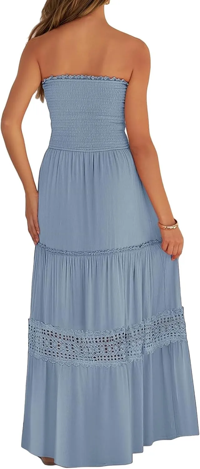 Canbebig Maxi Dresses for Women Bohemian Strapless Off Shoulder Dresses Backless Long Dress Flowy A Line Beach Sundress