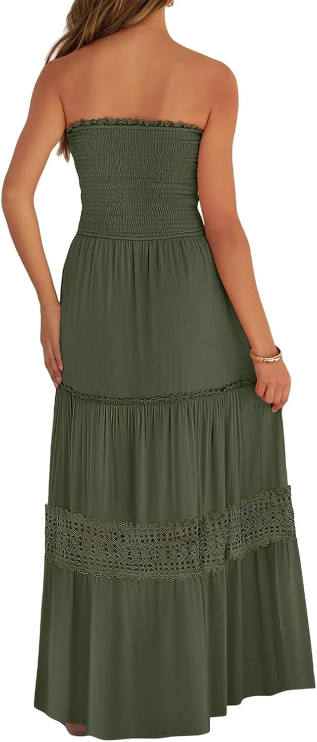 Canbebig Maxi Dresses for Women Bohemian Strapless Off Shoulder Dresses Backless Long Dress Flowy A Line Beach Sundress