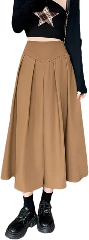Casual Mid-Length Skirt Women Back Zipper A Line High Waist Pleated Midi Long Skirt
