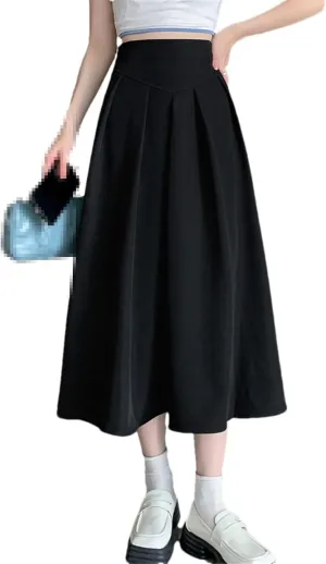 Casual Mid-Length Skirt Women Back Zipper A Line High Waist Pleated Midi Long Skirt