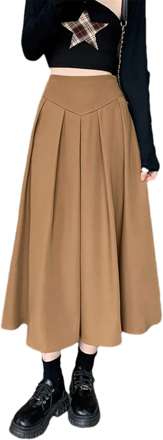 Casual Mid-Length Skirt Women Back Zipper A Line High Waist Pleated Midi Long Skirt
