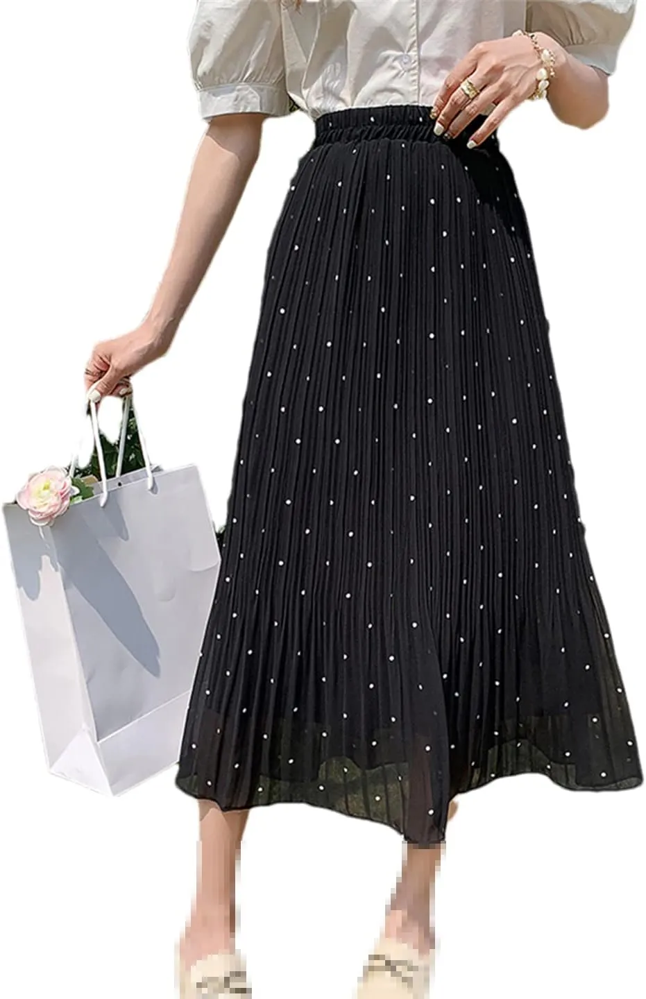 Casual Polka Dot Print Midi Long Skirt Women Summer Chiffon Pleated High Waist Skirt