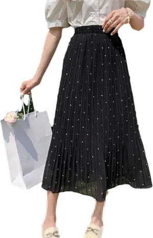 Casual Polka Dot Print Midi Long Skirt Women Summer Chiffon Pleated High Waist Skirt