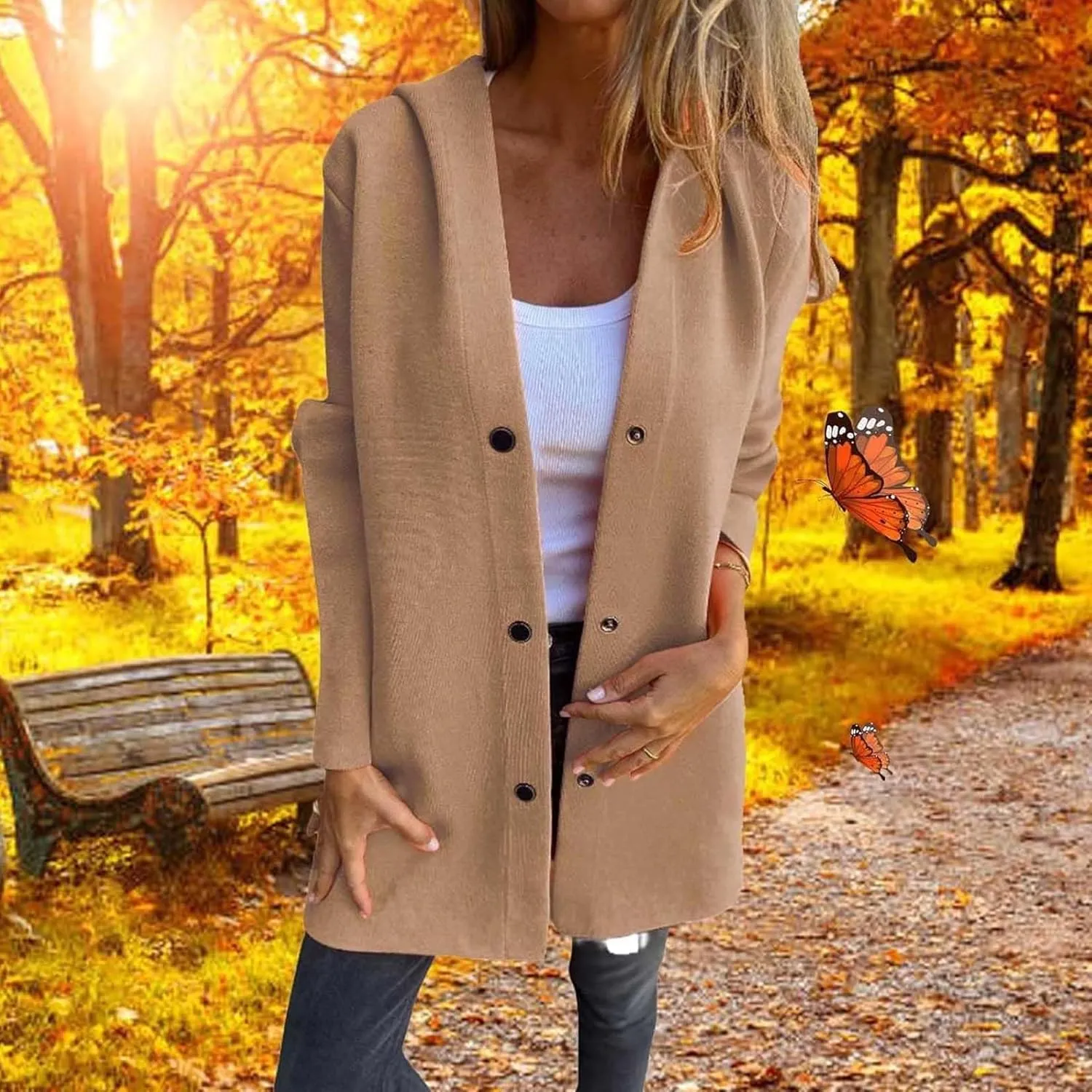 Casual Single Breasted Hooded Jacket, Jasmine | Casual Hooded Jacket, Hooded Trench Coat for Women