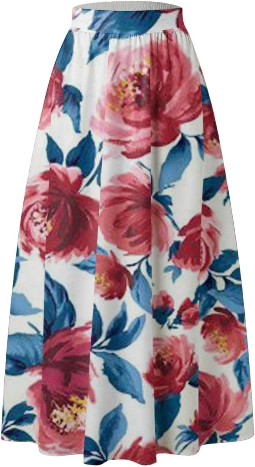 Casual Summer Skirt for Women 2023 Boho High Waist Boho Printed Loose Hem Swing Long Maxi Skirt with Pocket Party Flowy