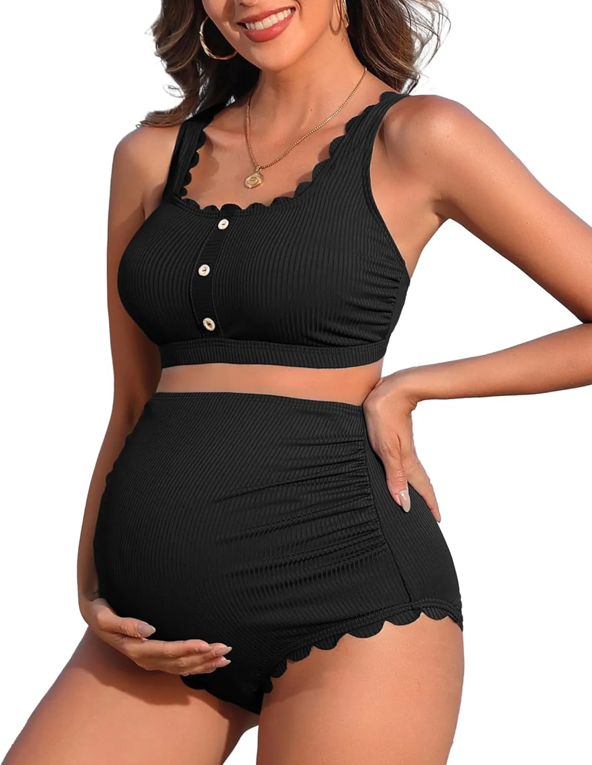Charmo Scalloped Maternity Swimsuits Ribbed High Waist Bikini Sets Pregnancy Bathing Suit Ruched Two Piece Swimwear