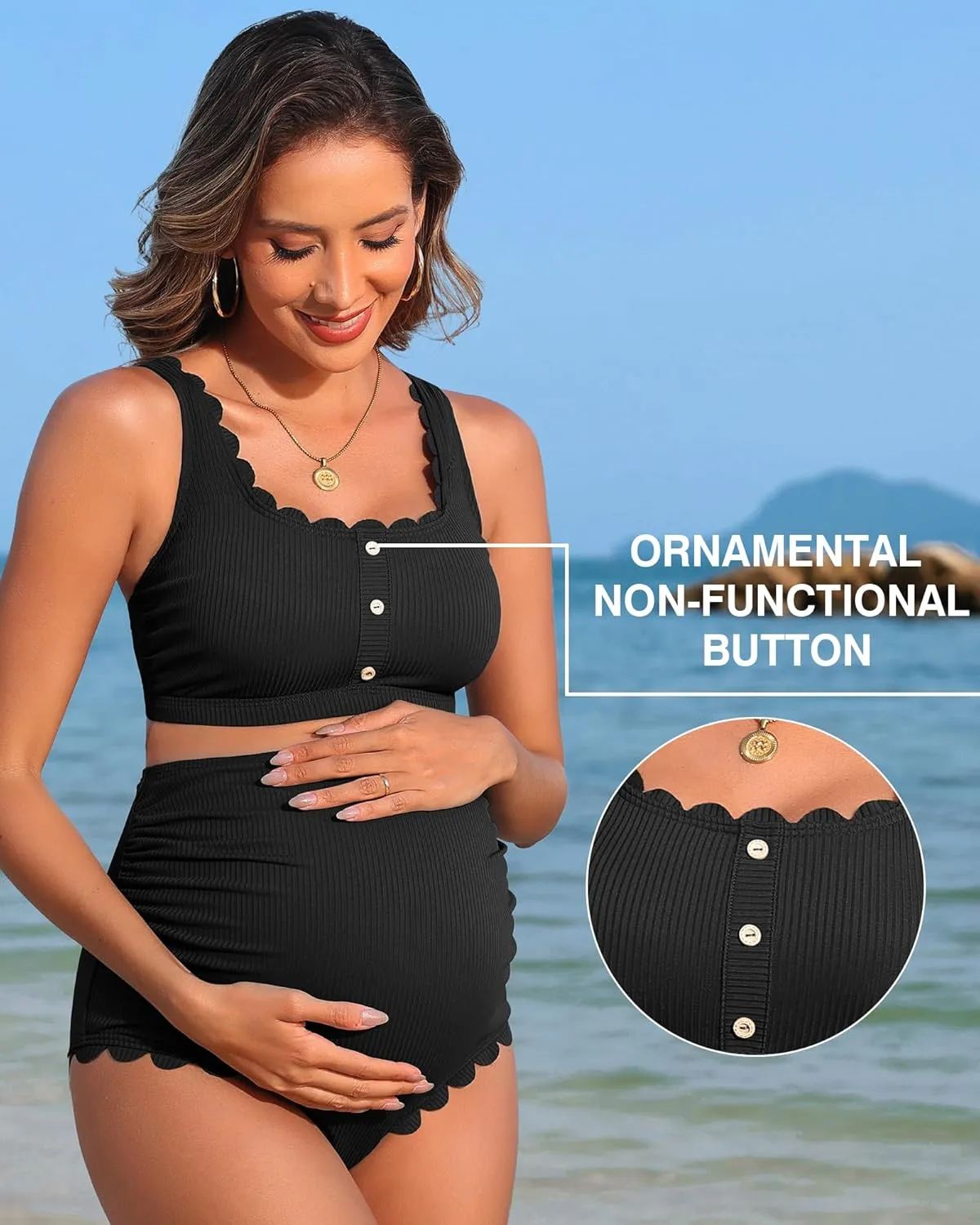 Charmo Scalloped Maternity Swimsuits Ribbed High Waist Bikini Sets Pregnancy Bathing Suit Ruched Two Piece Swimwear