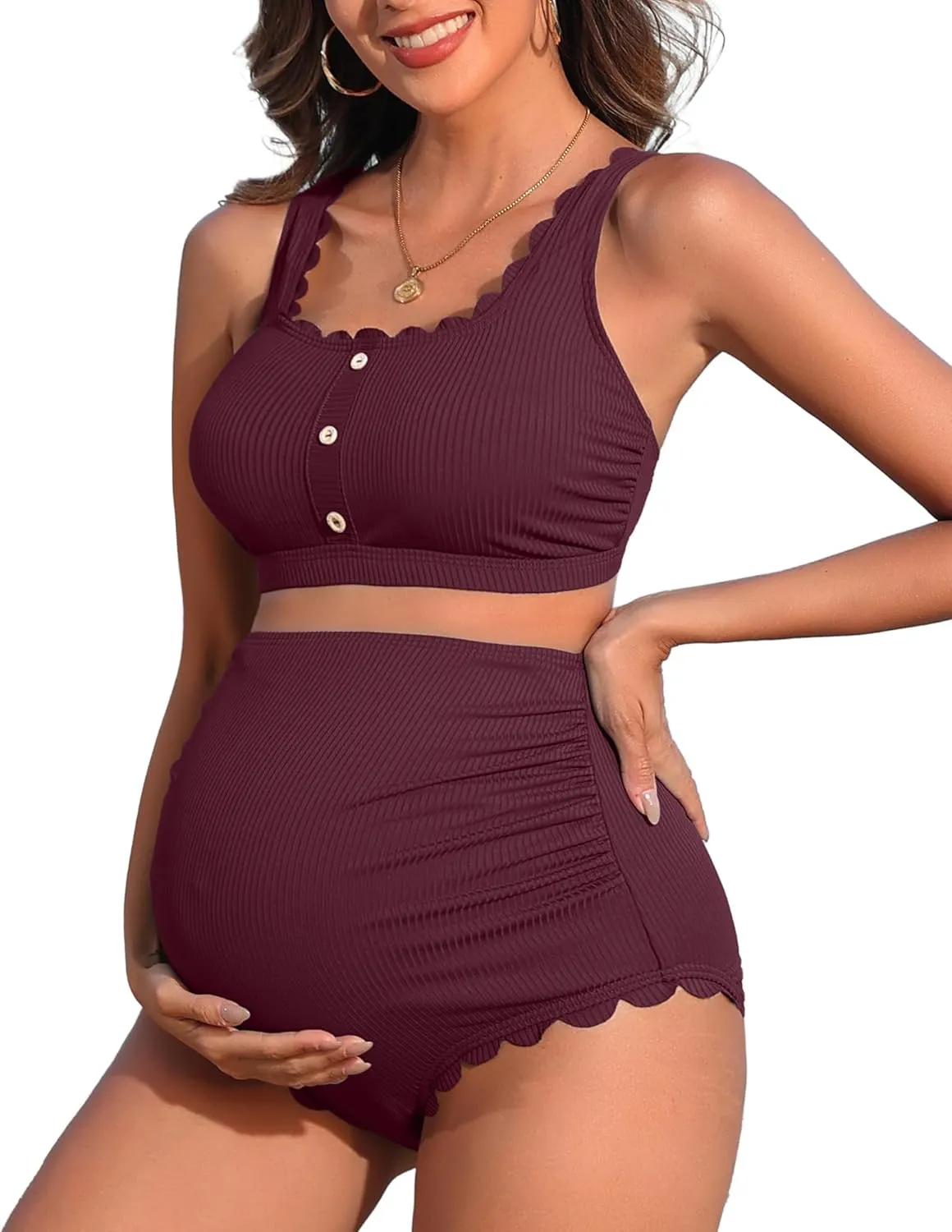 Charmo Scalloped Maternity Swimsuits Ribbed High Waist Bikini Sets Pregnancy Bathing Suit Ruched Two Piece Swimwear