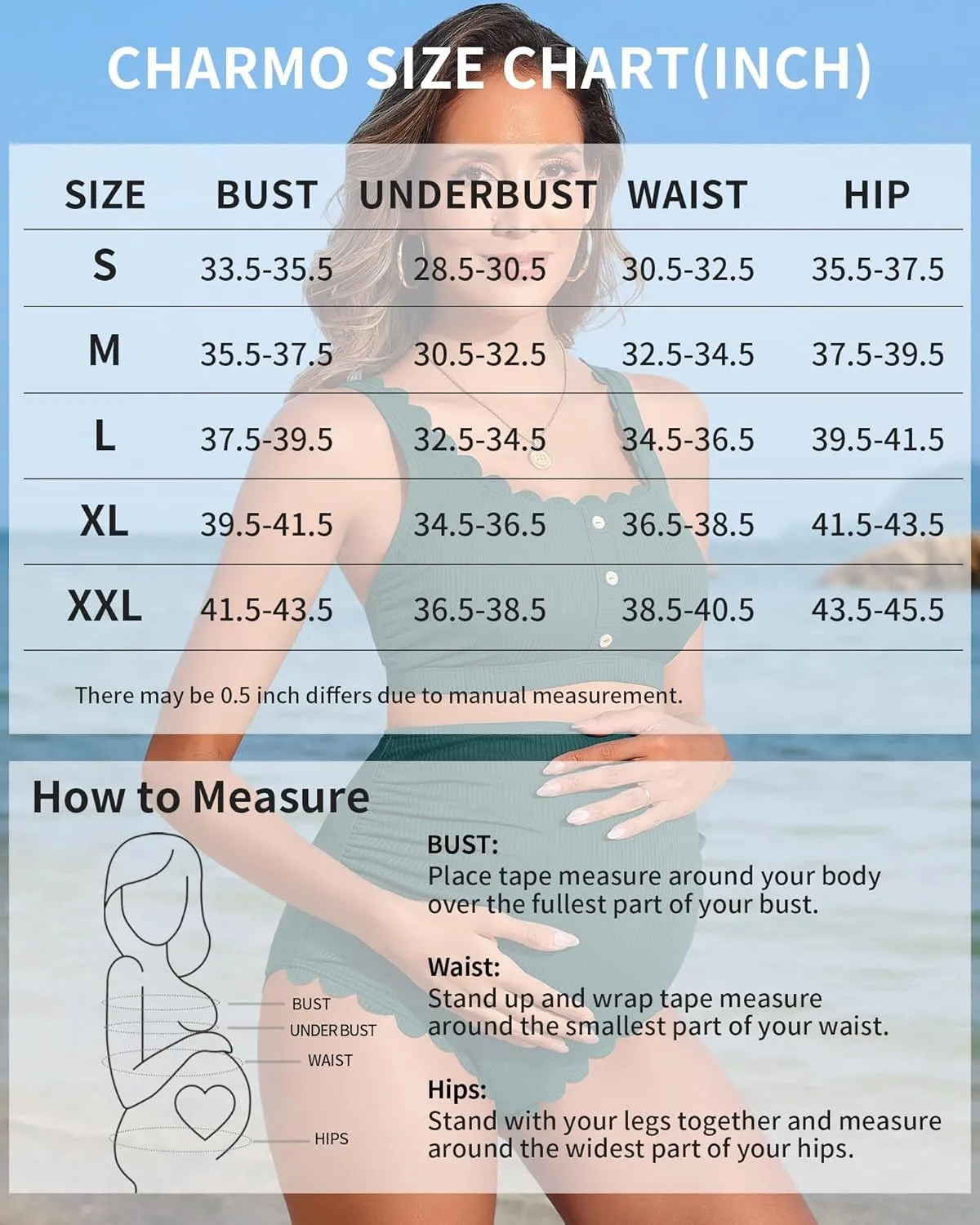 Charmo Scalloped Maternity Swimsuits Ribbed High Waist Bikini Sets Pregnancy Bathing Suit Ruched Two Piece Swimwear