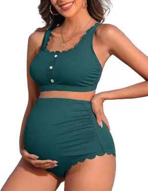 Charmo Scalloped Maternity Swimsuits Ribbed High Waist Bikini Sets Pregnancy Bathing Suit Ruched Two Piece Swimwear