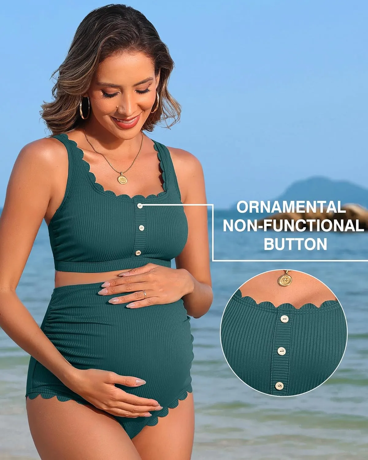 Charmo Scalloped Maternity Swimsuits Ribbed High Waist Bikini Sets Pregnancy Bathing Suit Ruched Two Piece Swimwear