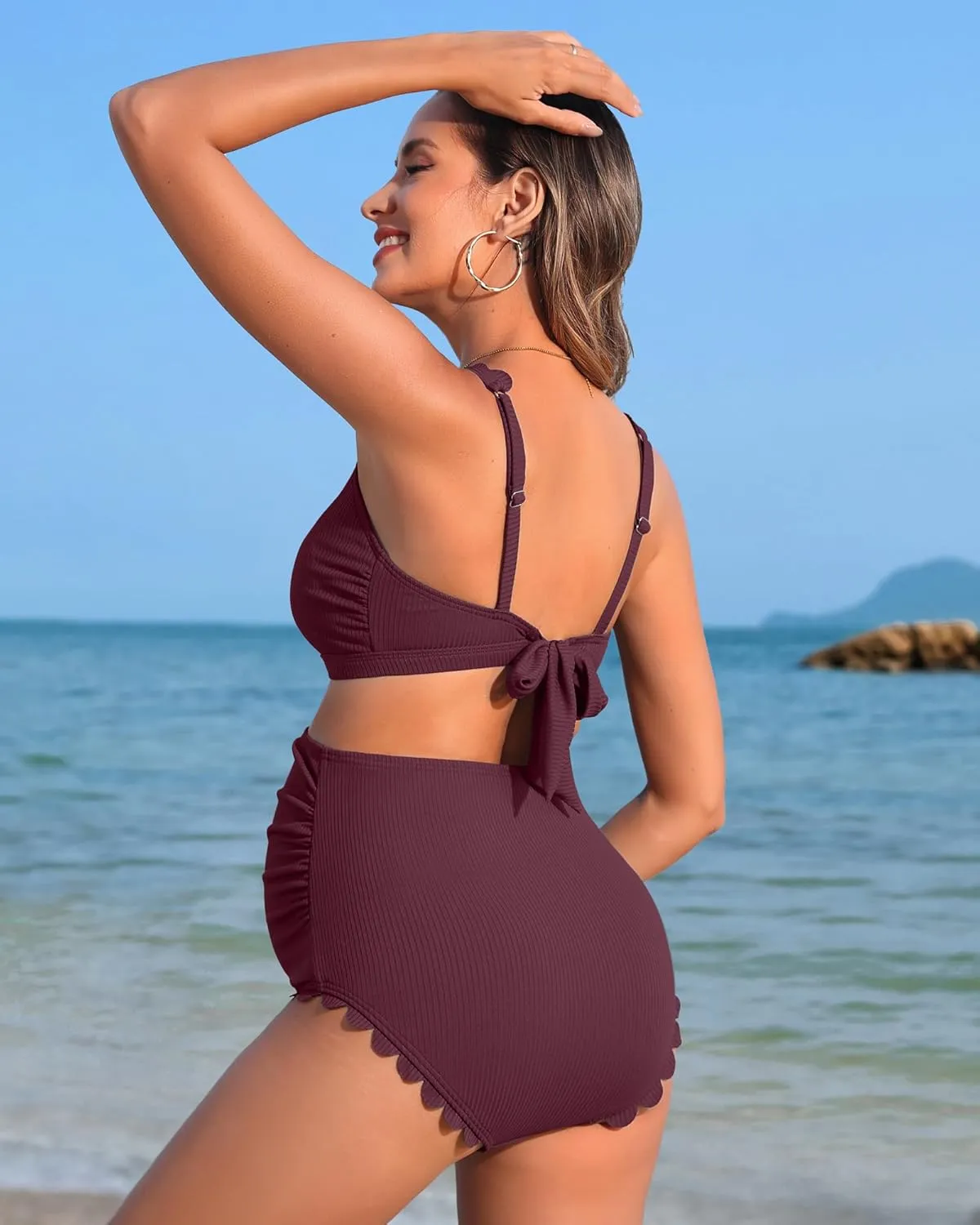 Charmo Scalloped Maternity Swimsuits Ribbed High Waist Bikini Sets Pregnancy Bathing Suit Ruched Two Piece Swimwear