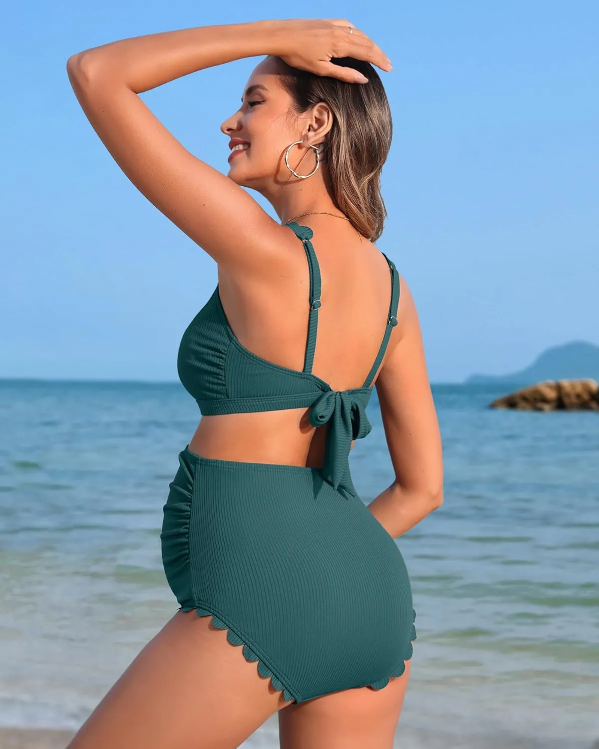 Charmo Scalloped Maternity Swimsuits Ribbed High Waist Bikini Sets Pregnancy Bathing Suit Ruched Two Piece Swimwear