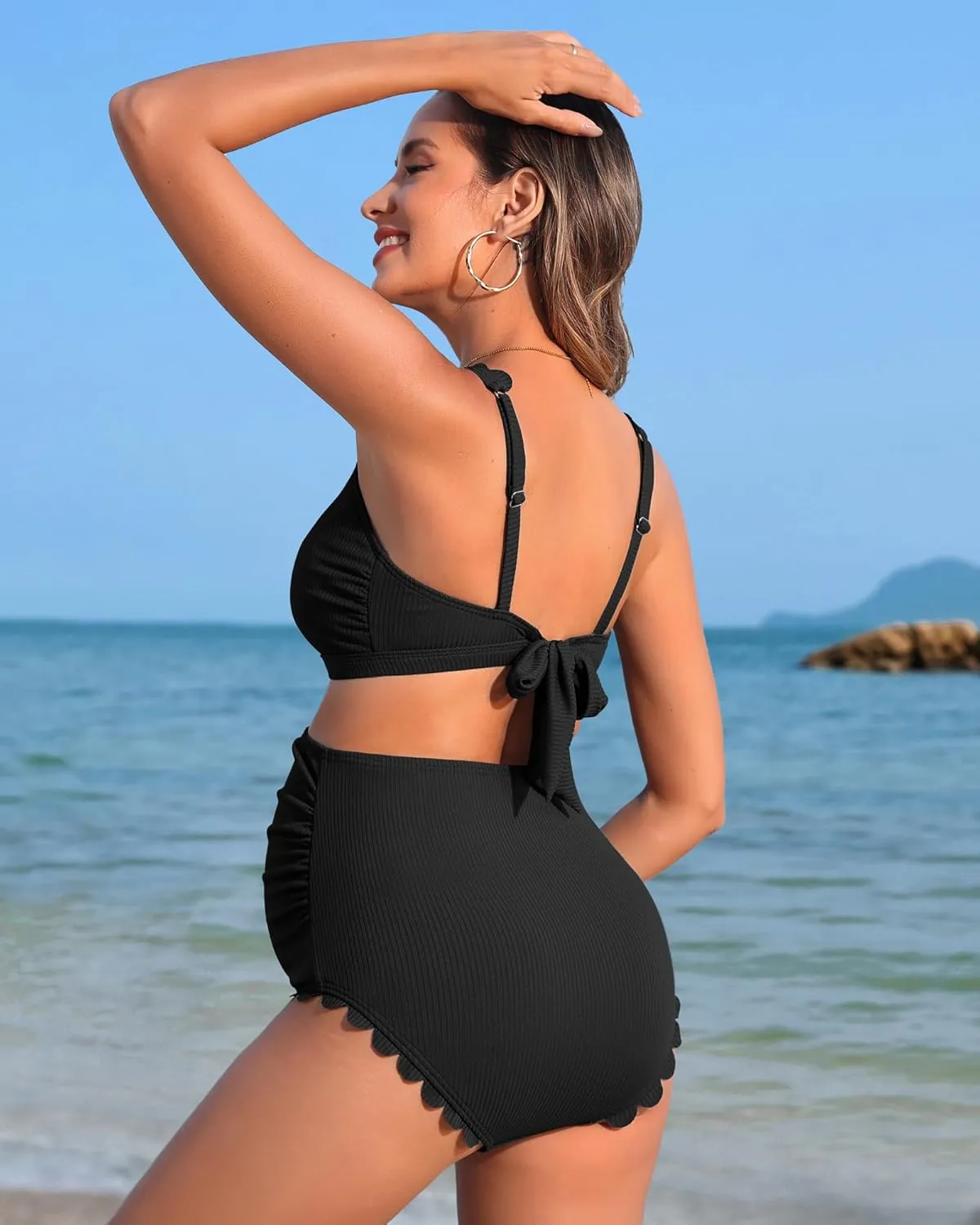 Charmo Scalloped Maternity Swimsuits Ribbed High Waist Bikini Sets Pregnancy Bathing Suit Ruched Two Piece Swimwear