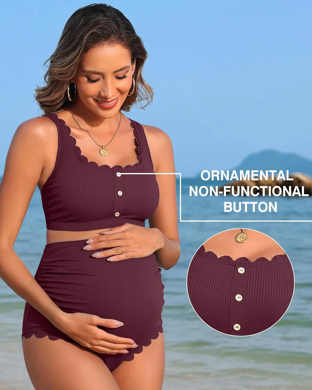 Charmo Scalloped Maternity Swimsuits Ribbed High Waist Bikini Sets Pregnancy Bathing Suit Ruched Two Piece Swimwear
