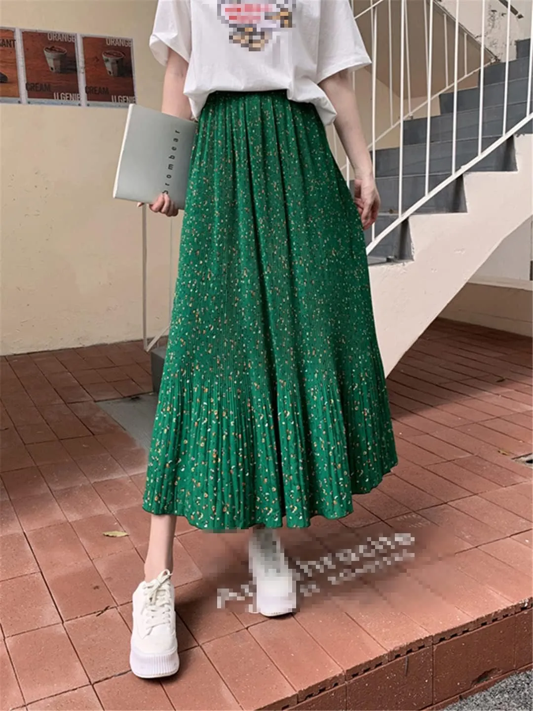 Chiffon Floral Print Midi Long Skirt Women Casual A Line High Waist Pleated Skirt