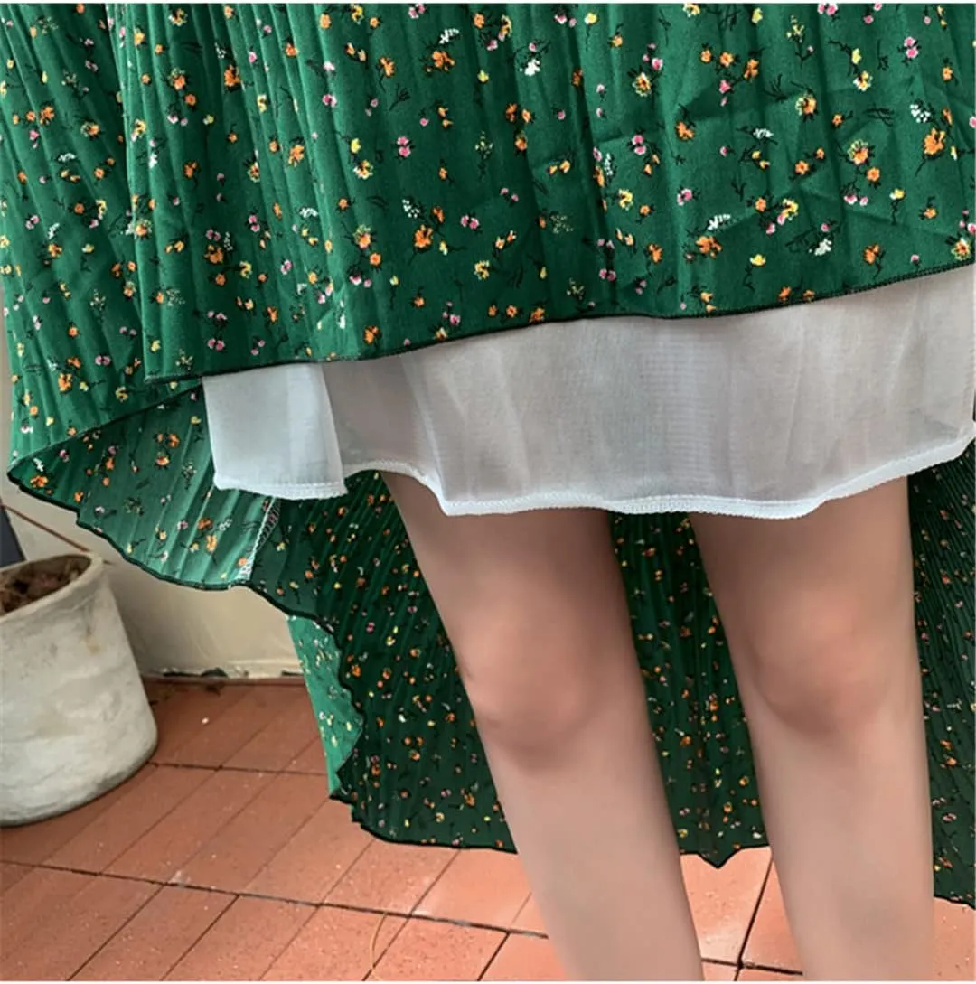 Chiffon Floral Print Midi Long Skirt Women Casual A Line High Waist Pleated Skirt