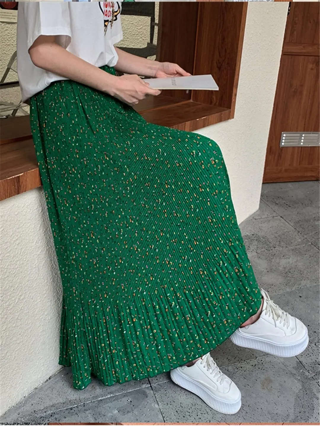Chiffon Floral Print Midi Long Skirt Women Casual A Line High Waist Pleated Skirt