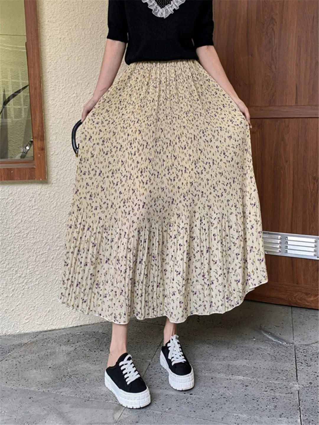 Chiffon Floral Print Midi Long Skirt Women Casual A Line High Waist Pleated Skirt