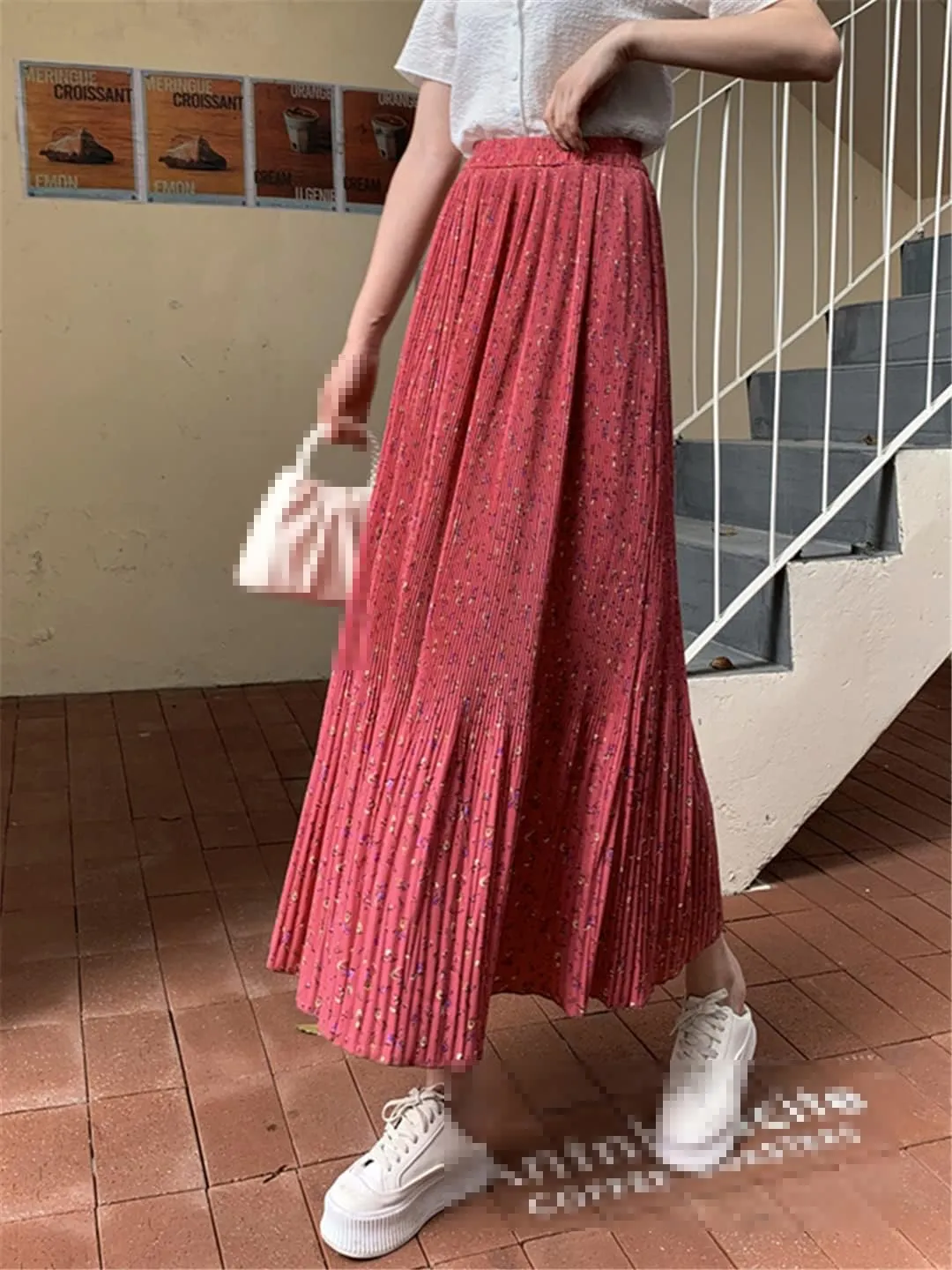 Chiffon Floral Print Midi Long Skirt Women Casual A Line High Waist Pleated Skirt