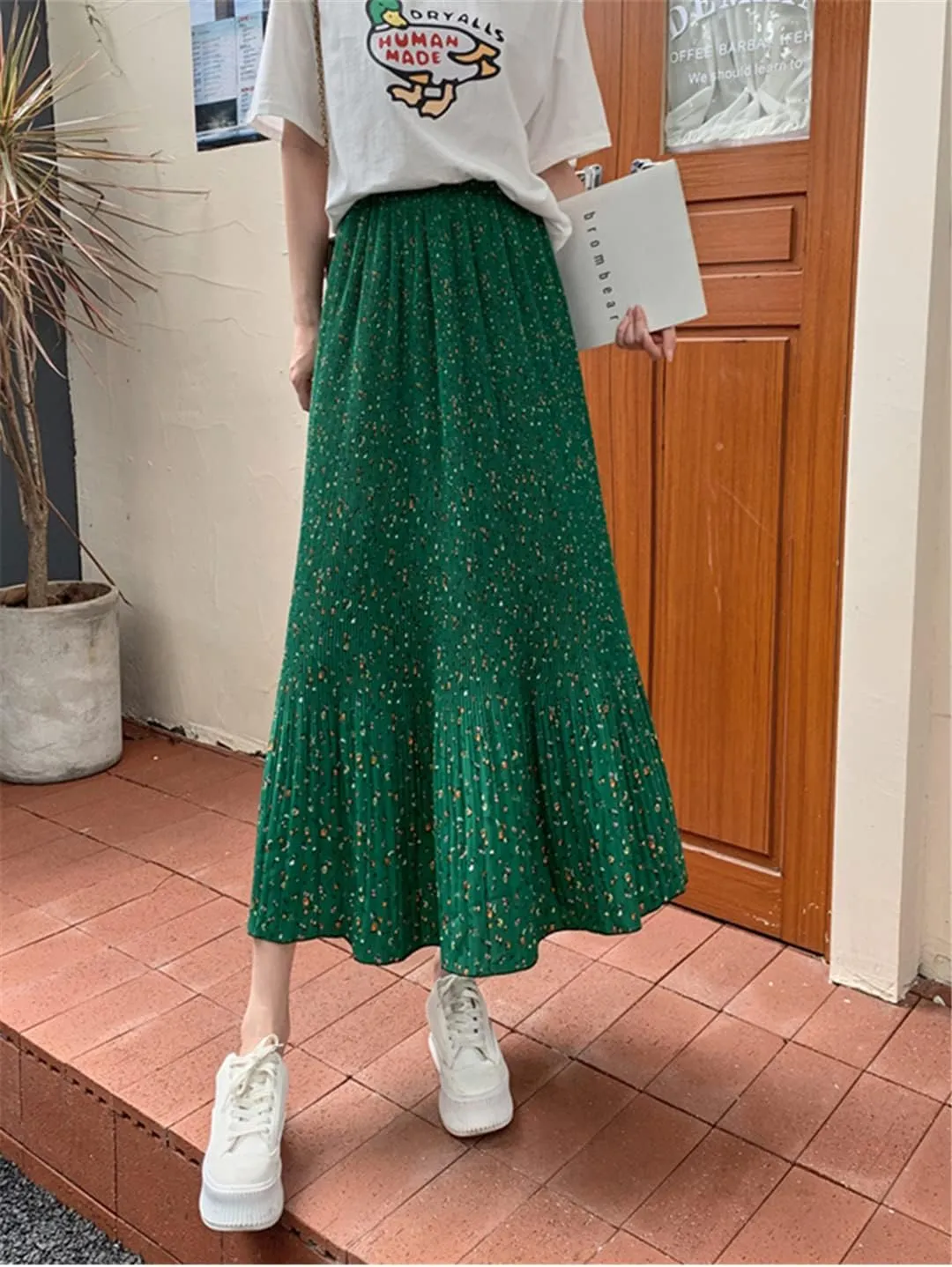 Chiffon Floral Print Midi Long Skirt Women Casual A Line High Waist Pleated Skirt