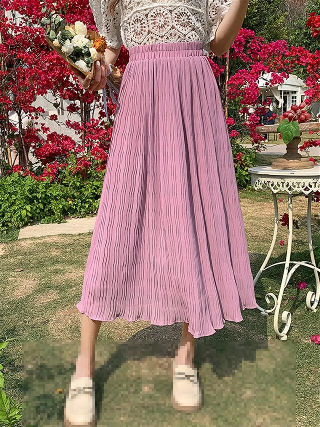 Chiffon Pleated Long Skirt Women Summer Casual Solid A Line High Waist Midi Purple Skirt
