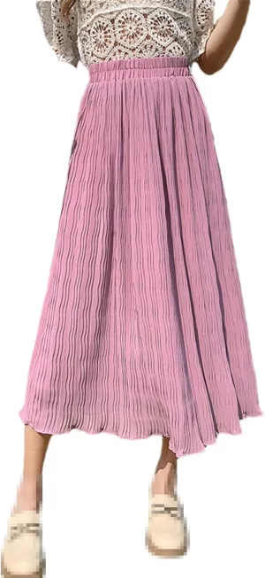 Chiffon Pleated Long Skirt Women Summer Casual Solid A Line High Waist Midi Purple Skirt