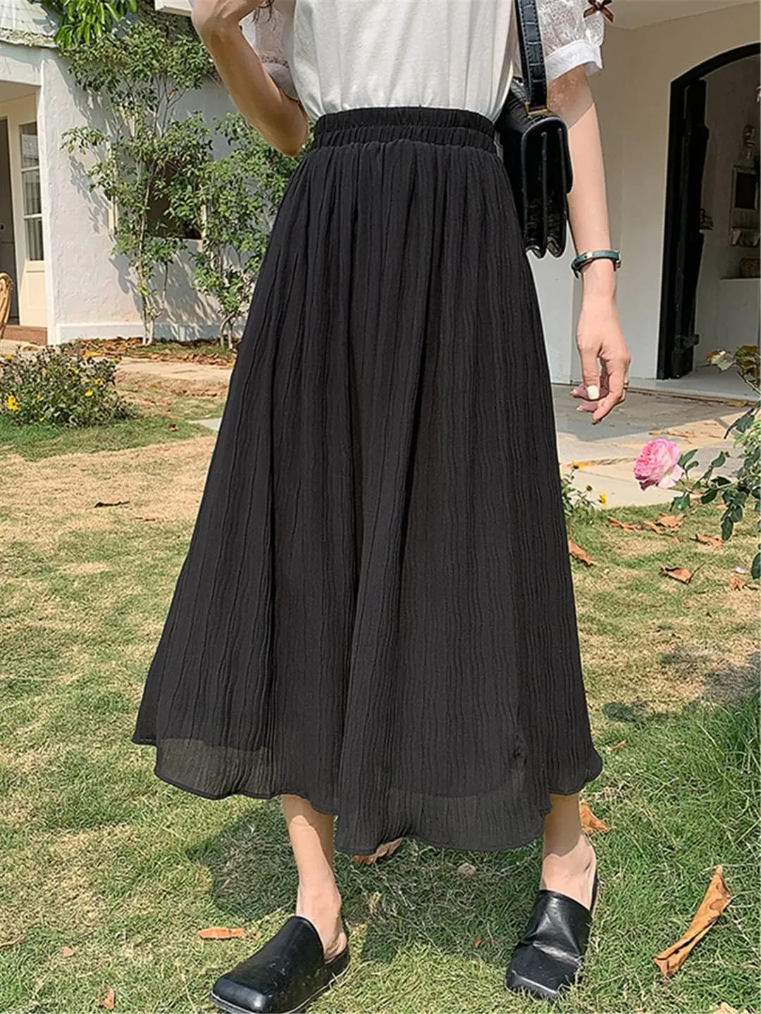 Chiffon Pleated Long Skirt Women Summer Casual Solid A Line High Waist Midi Purple Skirt