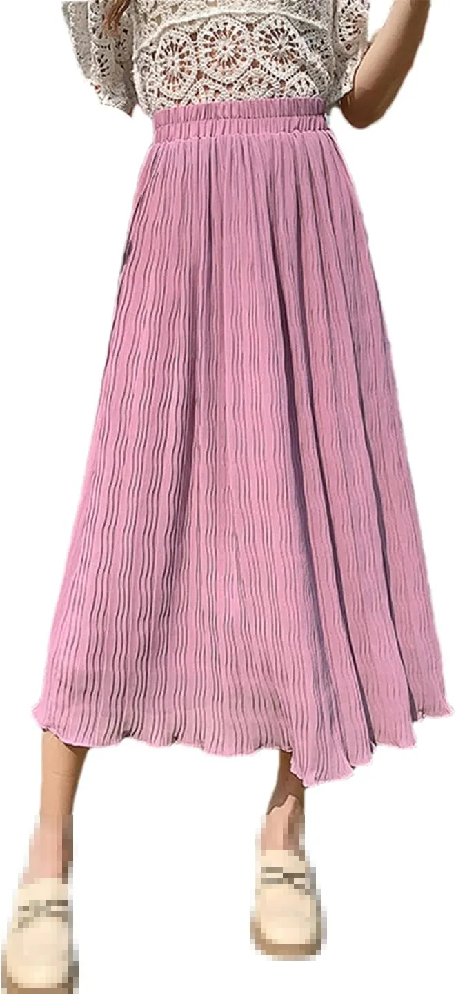 Chiffon Pleated Long Skirt Women Summer Casual Solid A Line High Waist Midi Purple Skirt