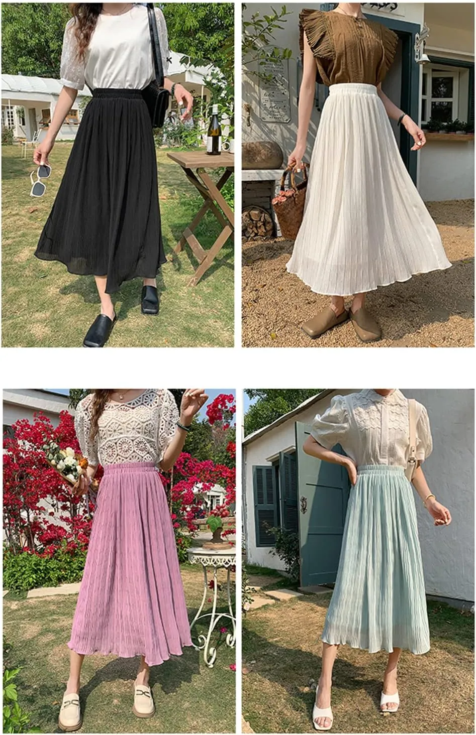 Chiffon Pleated Long Skirt Women Summer Casual Solid A Line High Waist Midi Purple Skirt