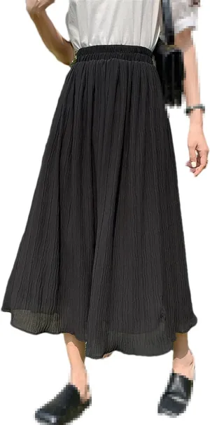 Chiffon Pleated Long Skirt Women Summer Casual Solid A Line High Waist Midi Purple Skirt