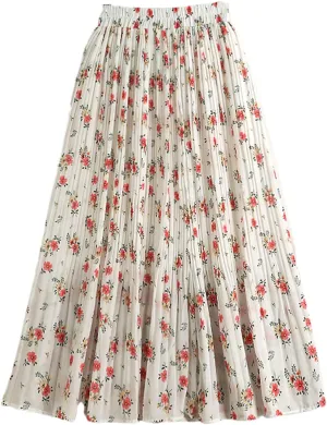 Chiffon Pleated Midi Long Skirt Women Spring Summer Vintage Floral Print High Waist Skirt