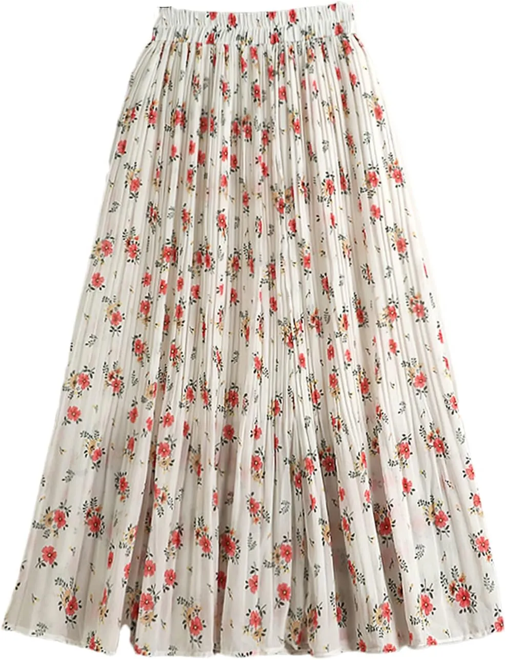 Chiffon Pleated Midi Long Skirt Women Spring Summer Vintage Floral Print High Waist Skirt