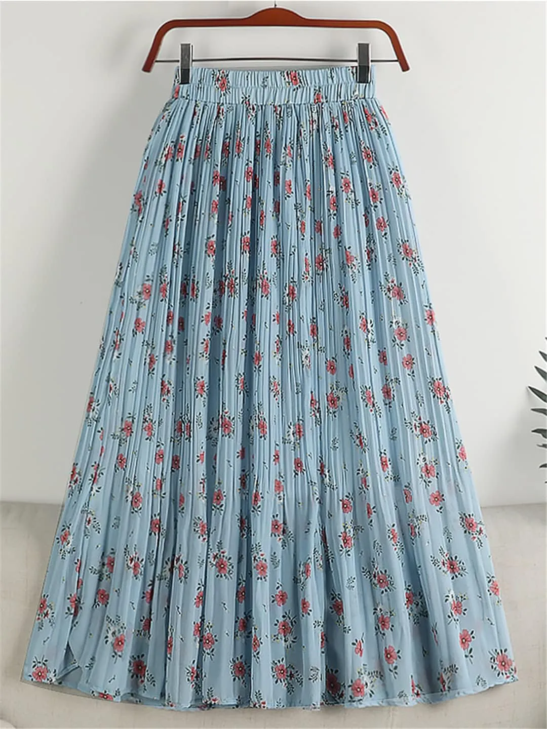 Chiffon Pleated Midi Long Skirt Women Spring Summer Vintage Floral Print High Waist Skirt