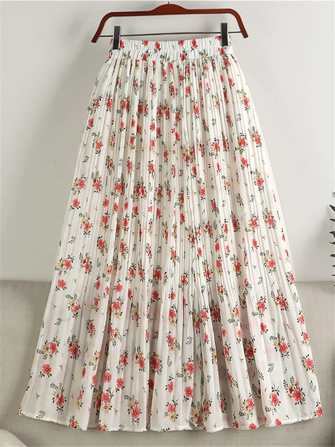 Chiffon Pleated Midi Long Skirt Women Spring Summer Vintage Floral Print High Waist Skirt