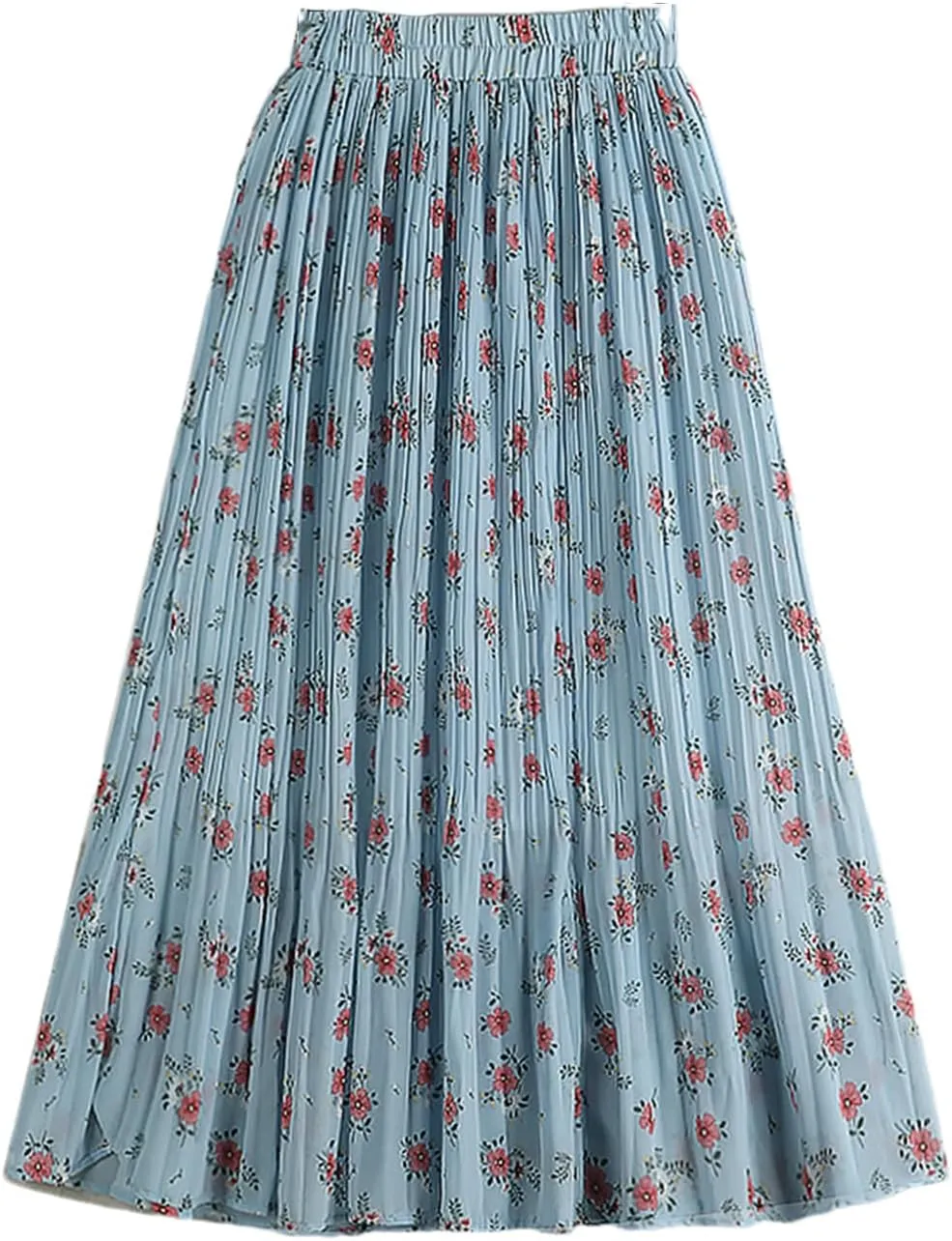 Chiffon Pleated Midi Long Skirt Women Spring Summer Vintage Floral Print High Waist Skirt