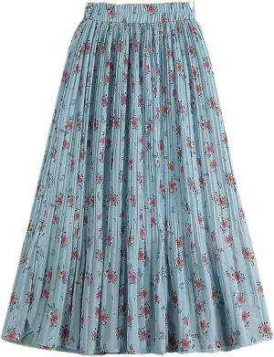 Chiffon Pleated Midi Long Skirt Women Spring Summer Vintage Floral Print High Waist Skirt