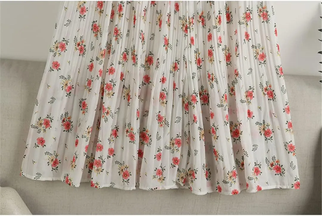 Chiffon Pleated Midi Long Skirt Women Spring Summer Vintage Floral Print High Waist Skirt