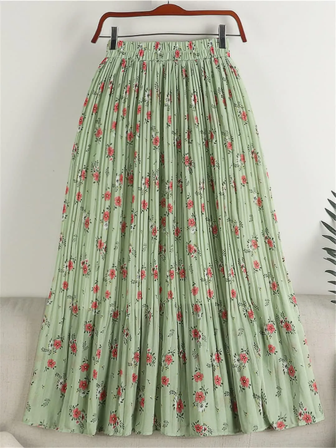Chiffon Pleated Midi Long Skirt Women Spring Summer Vintage Floral Print High Waist Skirt