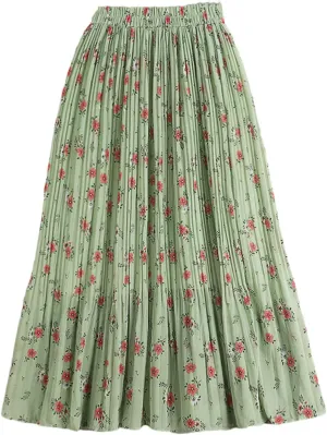 Chiffon Pleated Midi Long Skirt Women Spring Summer Vintage Floral Print High Waist Skirt